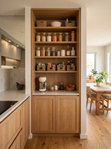Small open-concept butler's pantry nook between kitchen and dining area