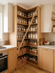 Small corner pantry nook with efficient diagonal shelving