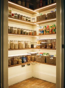 Battery-powered LED lighting brightening dark pantry shelves