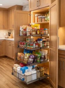 Pull-out wire basket shelving for deep pantry storage