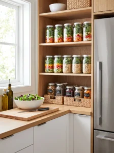 Mason jar salad prep zone with jars and organized salad ingredients