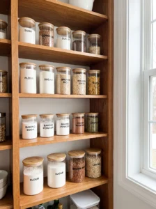 Glass canisters storing labeled baking staples in a small pantry