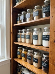 Reusable pantry jars with chalkboard-style labels for dry goods