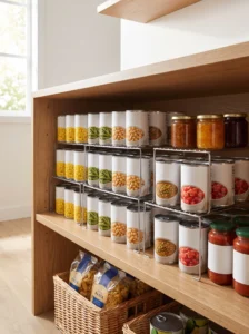 Tiered pantry shelf risers displaying canned food in organized rows