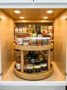Lazy Susan making deep pantry shelves easier to access