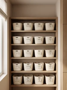 Labeled storage bin grid organizing small pantry items