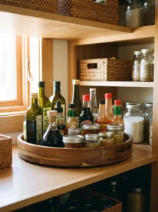 Turntable organizing oils, vinegars, and condiments in a pantry