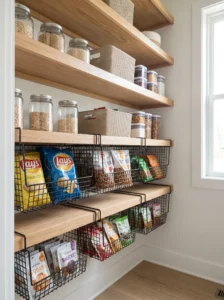 Under-shelf wire baskets adding extra pantry storage space