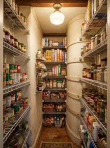 Adjustable wire shelving fitted into an irregular narrow pantry