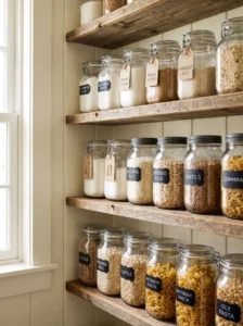 Vintage glass jars filled with pantry staples on rustic farmhouse shelving.