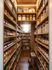 Floor-to-ceiling fixed shelving for a narrow pantry