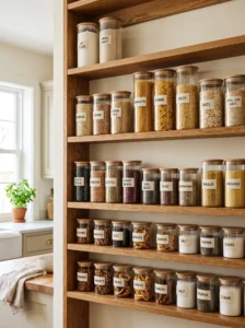Glass jar shelving with uniform pantry containers