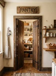 Weathered wooden “Pantry” sign above a rustic farmhouse pantry entrance.