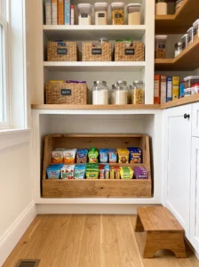 Kid-height pantry snack bin for easy child-friendly access