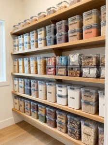 Stackable bulk storage bins creating an organized pantry wall
