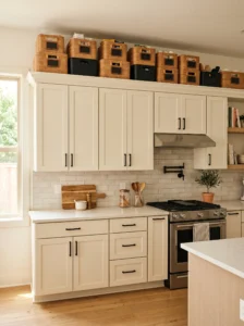 Storage baskets above kitchen cabinets for hidden pantry supplies