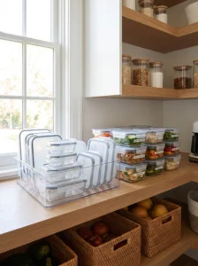 Organized pantry zone for meal-prep containers and matching lids