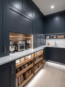 Walk-in pantry with appliance garage for stand mixer, air fryer, and kitchen gadgets.