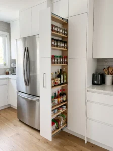 Slim pull-out pantry tower beside a refrigerator