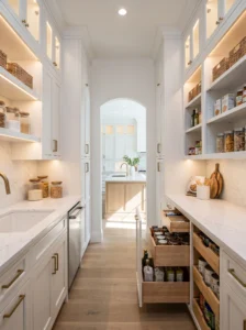 Walk-in pantry with custom built-in cabinets, hidden lighting, and luxury storage.