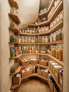 Custom angled shelving following the shape of an irregular pantry