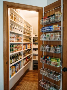 Over-the-door organizer adding storage to a narrow pantry