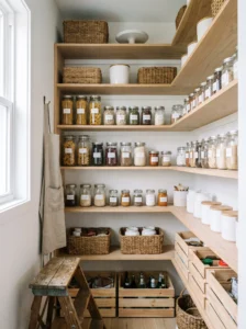 Small single-wall walk-in pantry with floor-to-ceiling shelves and minimalist storage design.