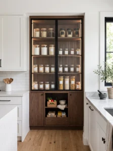 Small pantry with glass-front cabinets and organized food storage