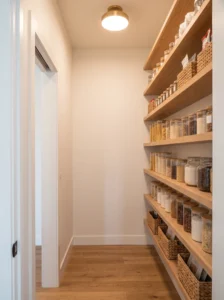 Single-wall minimalist pantry with full-height storage shelves