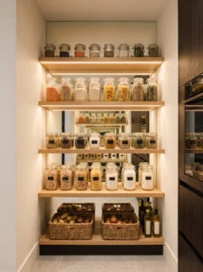 Small mirror-backed pantry that creates the illusion of extra depth