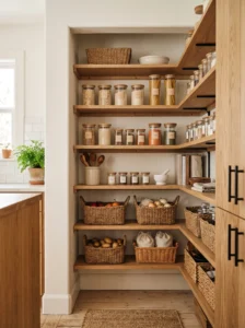 Small pantry with warm natural wood shelving and organized storage