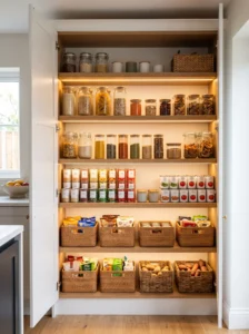 Small pantry with warm LED lighting beneath each shelf