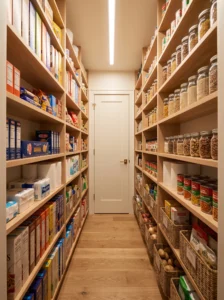 Mini-galley pantry with shallow shelves on both narrow walls