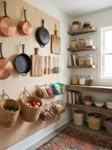 Walk-in pantry with pegboard wall, hanging baskets, and flexible storage organization.