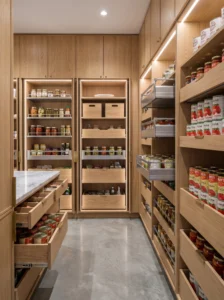 Modern pantry with pull-out drawers for canned goods and organized kitchen storage.