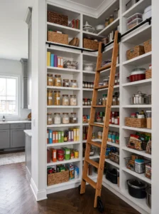 Tall small pantry with floor-to-ceiling shelves and sliding ladder