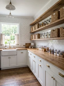 Walk-in pantry combining open shelves and closed cabinets for organized storage.