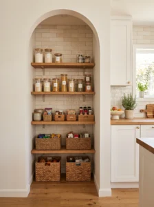 Small pantry with a decorative tile backsplash matching the kitchen
