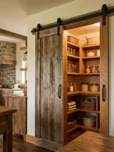 Farmhouse walk-in pantry with rustic sliding barn door and wooden shelving.