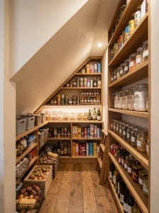 Stepped shelving following a sloped ceiling in a narrow pantry