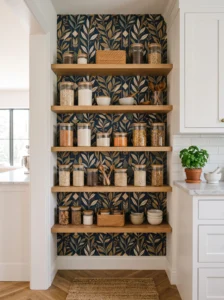 Small pantry with statement wallpaper behind open shelving