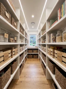 Narrow galley walk-in pantry with parallel shelves, baskets, and efficient storage organization.