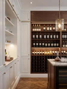 Elegant walk-in pantry with built-in wine rack and organized luxury storage.