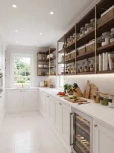 Walk-in pantry with quartz countertop workspace, meal prep area, and organized shelves.