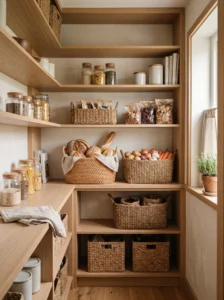 Small pantry with natural woven baskets and warm textures