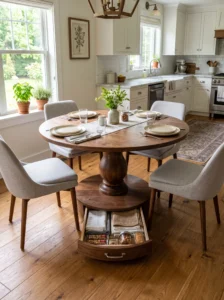 Hidden storage drawer built into the base of a kitchen table