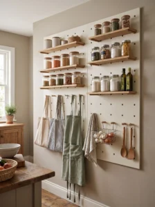 Pegboard wall shelving for customizable pantry storage