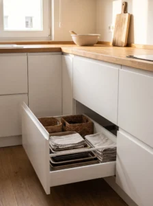 Hidden toe kick drawer adding storage beneath small kitchen cabinets
