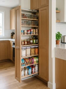 Vertical pull-out pantry drawers for shallow kitchen storage