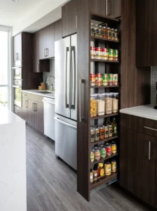 Tall slide-out pantry tower maximizing an extremely narrow kitchen gap